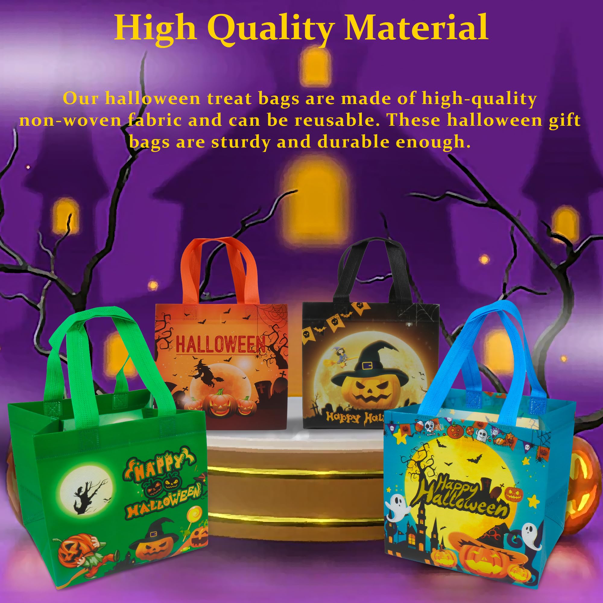 Halloween Trick or Treat Bags, Halloween Candy Tote Bags with Handles, Reusable Halloween Non-Woven Gift Bags for Halloween Party Supplies Favors