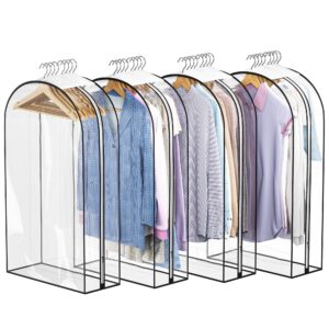 liuoud clear garment bag for hanging clothes- 4 pack 10” gusseted suit bags for closet storage, plastic clothes storage bag for suit coat dress, fur, closet cover for open closet