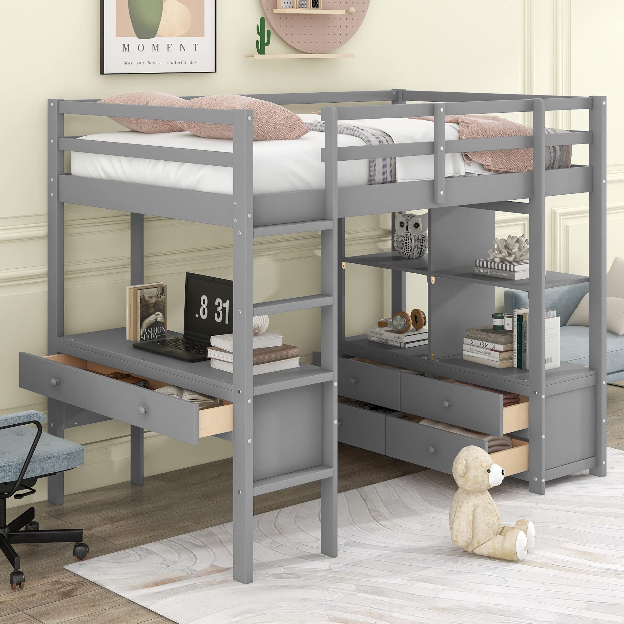 Harper & Bright Designs Twin Size Loft Bed with Desk and Storage, Wood High Loft Bed Frame with Shelves, Multifunctional Loft Bed Twin for Kids Teens Adults (Grey)