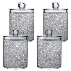 Silver White Glitter Qtip Holder Dispenser Flash Gradient Sparkle Bathroom Canister Storage Organization 2 Pack Clear Plastic Apothecary Jars with Lids Vanity Makeup Organizer For Cotton Swab Ball F