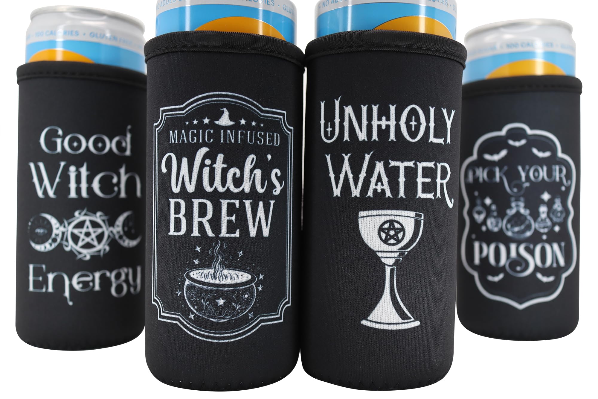 Witchy 12oz Slim Can Coolers - Stocking Stuffer Gothic Gift for Women, Adult Boo Basket for Her, Goth Car Accessories, Insulated 12 oz. Tall Skinny Can Cooler, Funny Witch Stuff Slim Can Sleeves