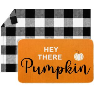 hey there pumpkin door mat 2 pcs fall welcome mat with buffalo plaid rug fall decor - autumn thanksgiving halloween front porch entryway outdoor entrance doormat