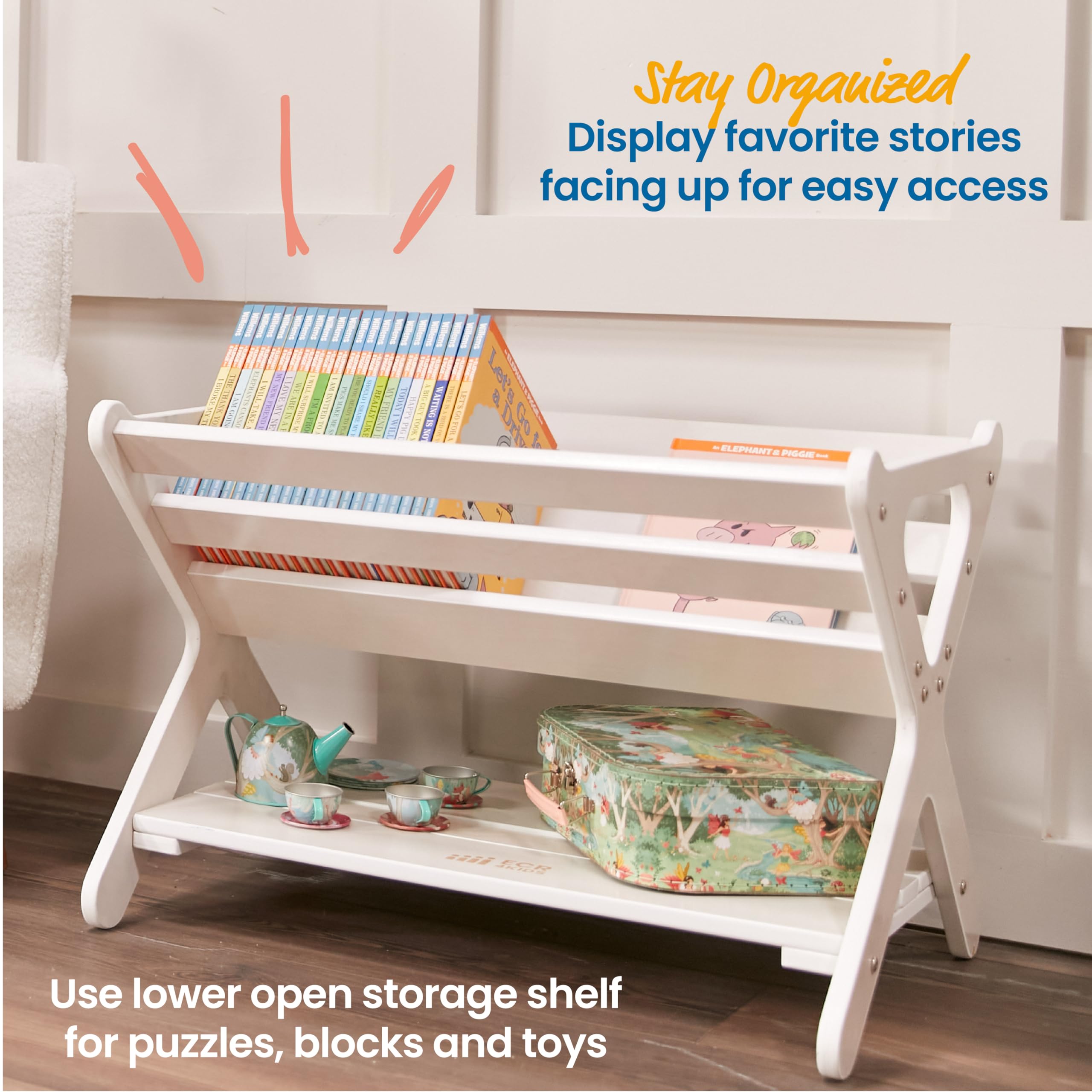 ECR4Kids Book Caddy with Shelf, Bookshelf with Storage, White Wash