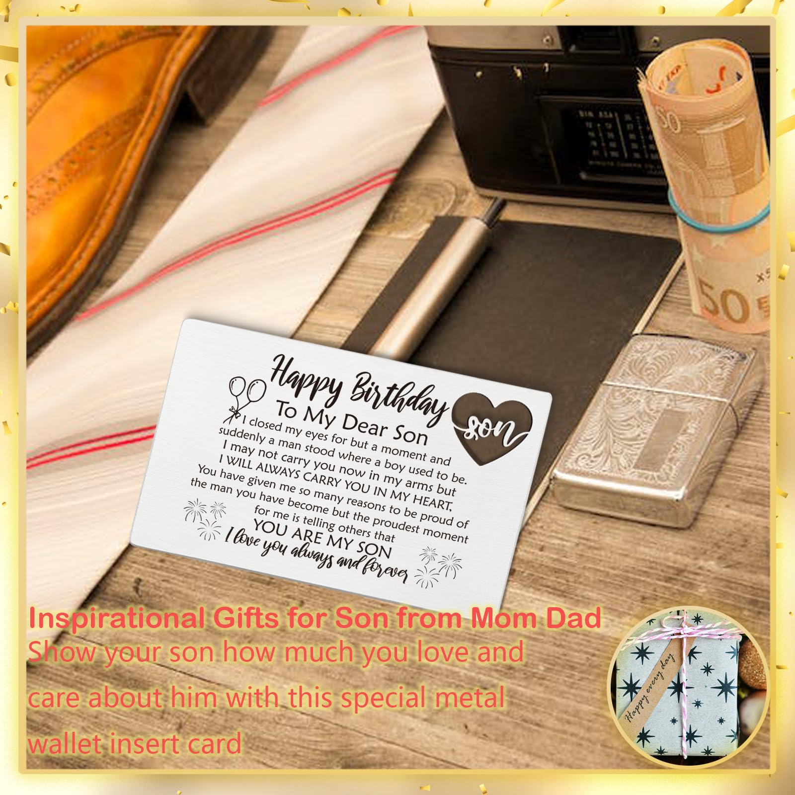 YODOCAMP Happy Birthday Son Gifts, Son Birthday Card from Mom, Metal Engraved Greeting Card for Son Birthday, Son Wallet Insert Card from Parents