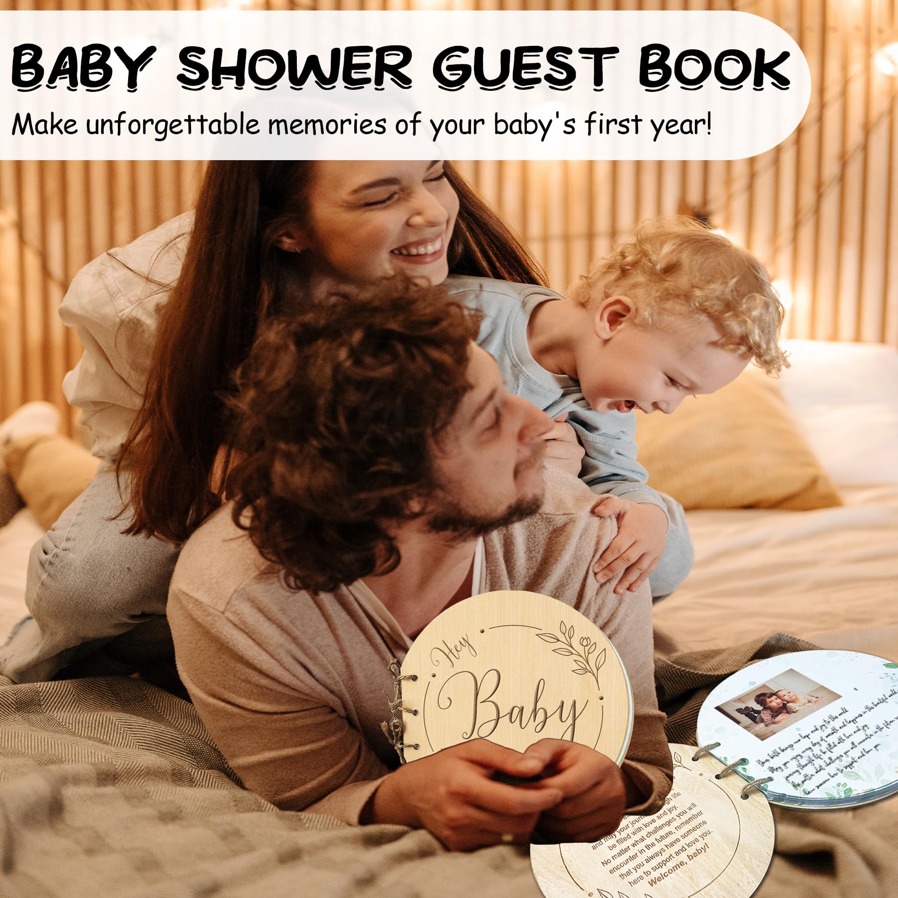 1DFAUL Baby Shower Guest Book, 80 Pages Hey Baby Shower Sign in Guest Book with Watercolor Design, Baby Shower Guest Book Alternatives Girl Boy, Wood Guestbook Keepsake Gift for New Parents