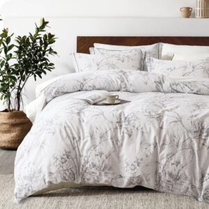 aleissel 100% natural cotton 3pcs floral duvet cover sets-grayish white duvet cover with gray luxurious flowers & branches pattern,botanical comforter cover sets with button closure(king,botanical