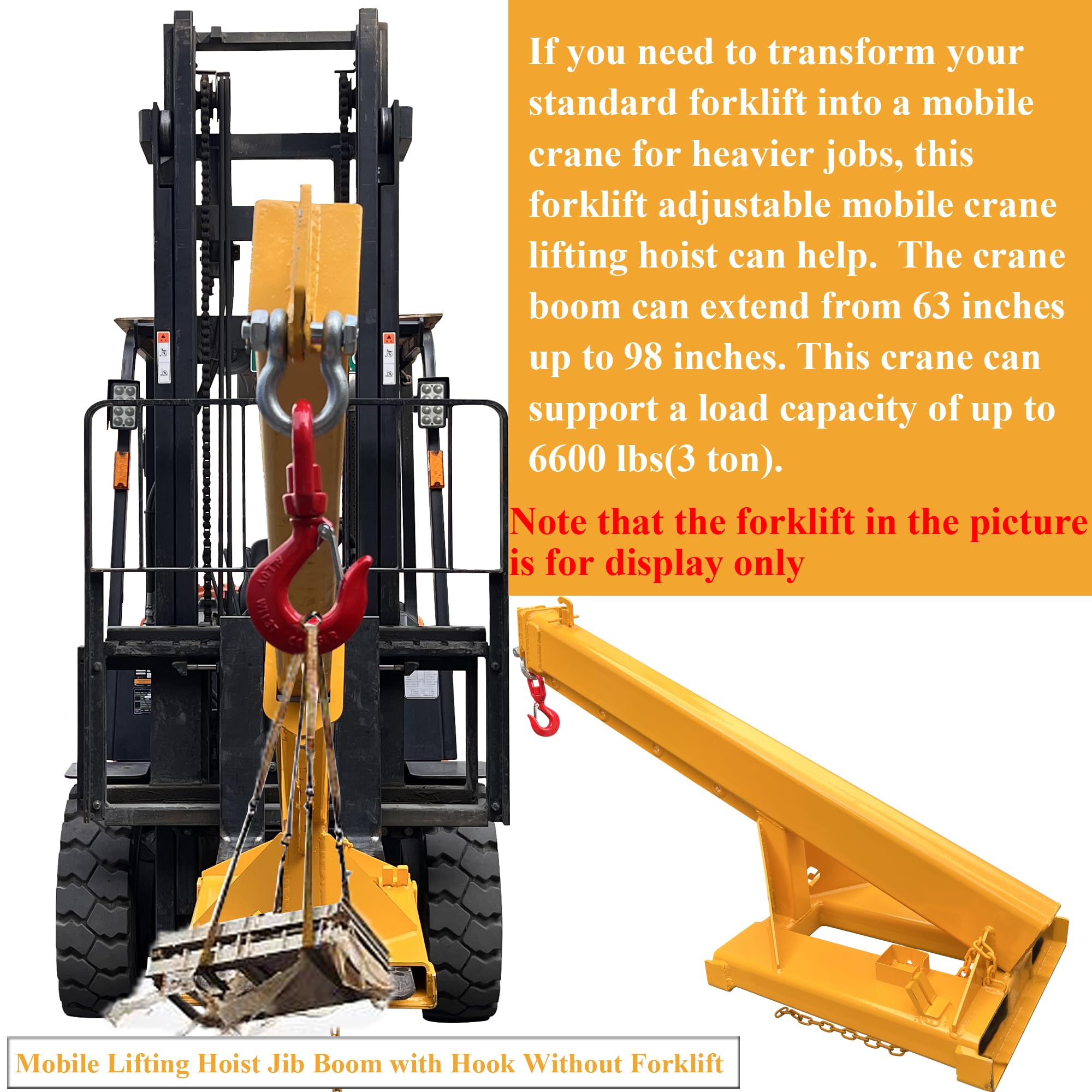 HQHAOTWU Forklift Jib Boom Crane Industrial Forklift Telescoping Jib Boom 6600lbs Capacity Hoist Jib Boom Hook Double Fork Design 63'' Up to 98'' Adjustable Crane Boom Mobile Crane Hoist Jib