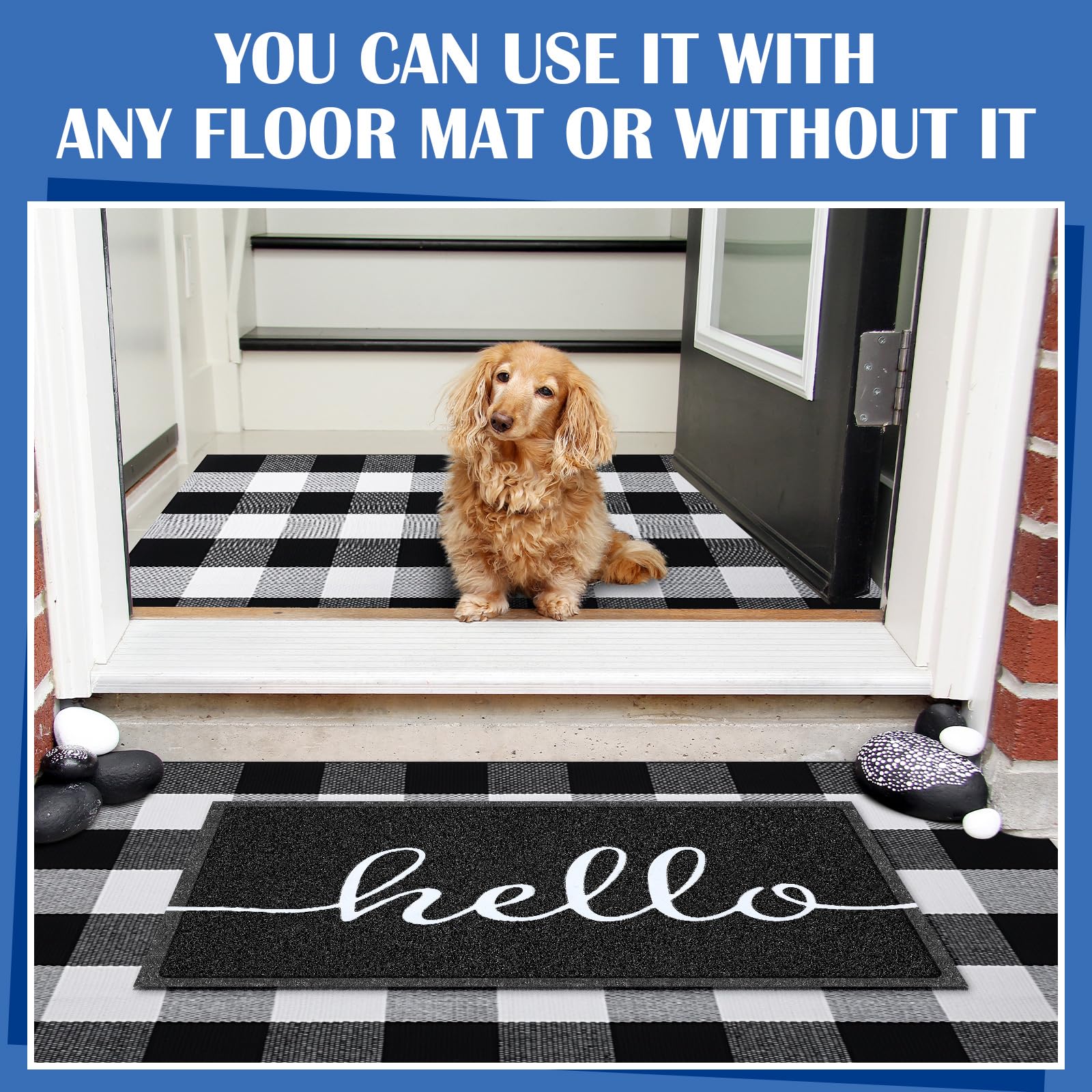 Geelin Doormat - 18'' x 30'' Hello & 43'' x 27.5'' Buffalo Checkered Rug - Non Slip Indoor Outdoor Rugs for Entrance Decorative - Handmade, Non-Stain, Water Resistant, Durable