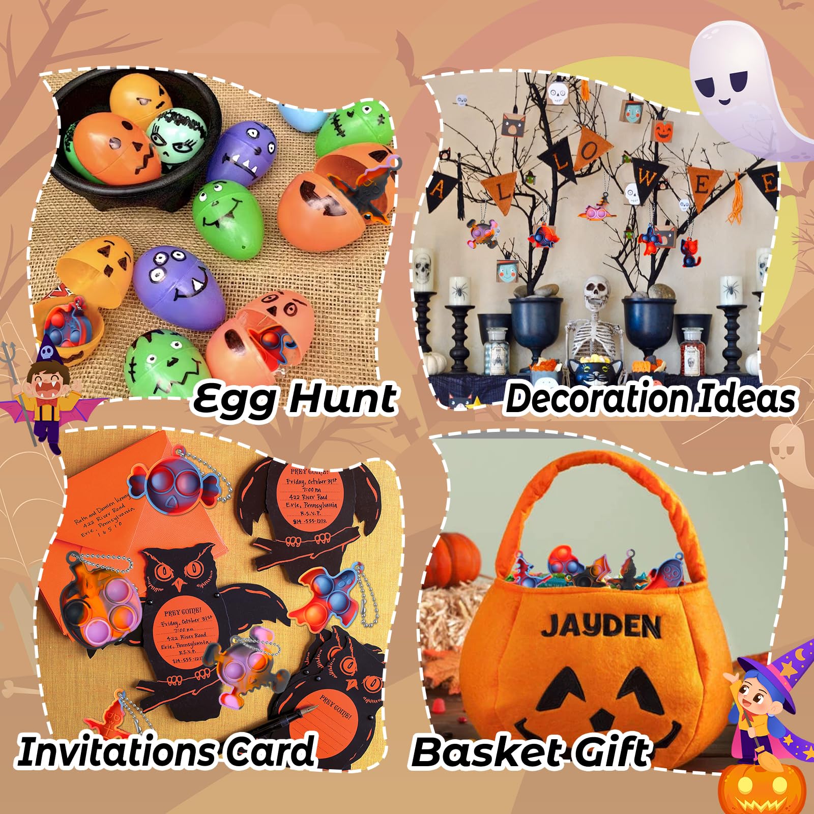 TOANWOD 48 PCS Halloween Party Favors Mini Fidget Pop Keychain: Halloween Toys Bulk Cheap - Trick or Treat Toys Non Candy - Goody Bag Stuffers for Kids Classroom School Prizes (24Keychains + 24Cards)