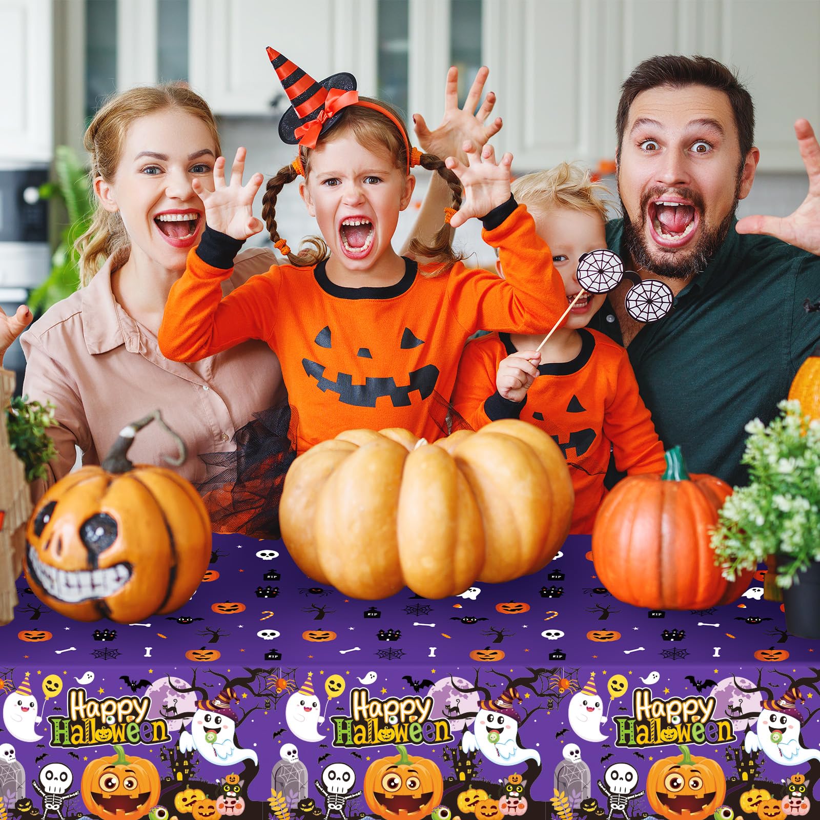 3 Pcs Happy Halloween Tablecloth - Halloween Cute Pumpkin Ghost Plastic Table Cloth Disposable Rectangular Purple Table Covers for Halloween Table Decorations Party Supplies Decor, 108 x 54 Inch