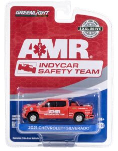 greenlight 2021 chevrolet silverado pickup truck red 2021 ntt indycar series amr indycar safety team with safety equipment in truck bed hobby exclusive series 1/64 diecast model