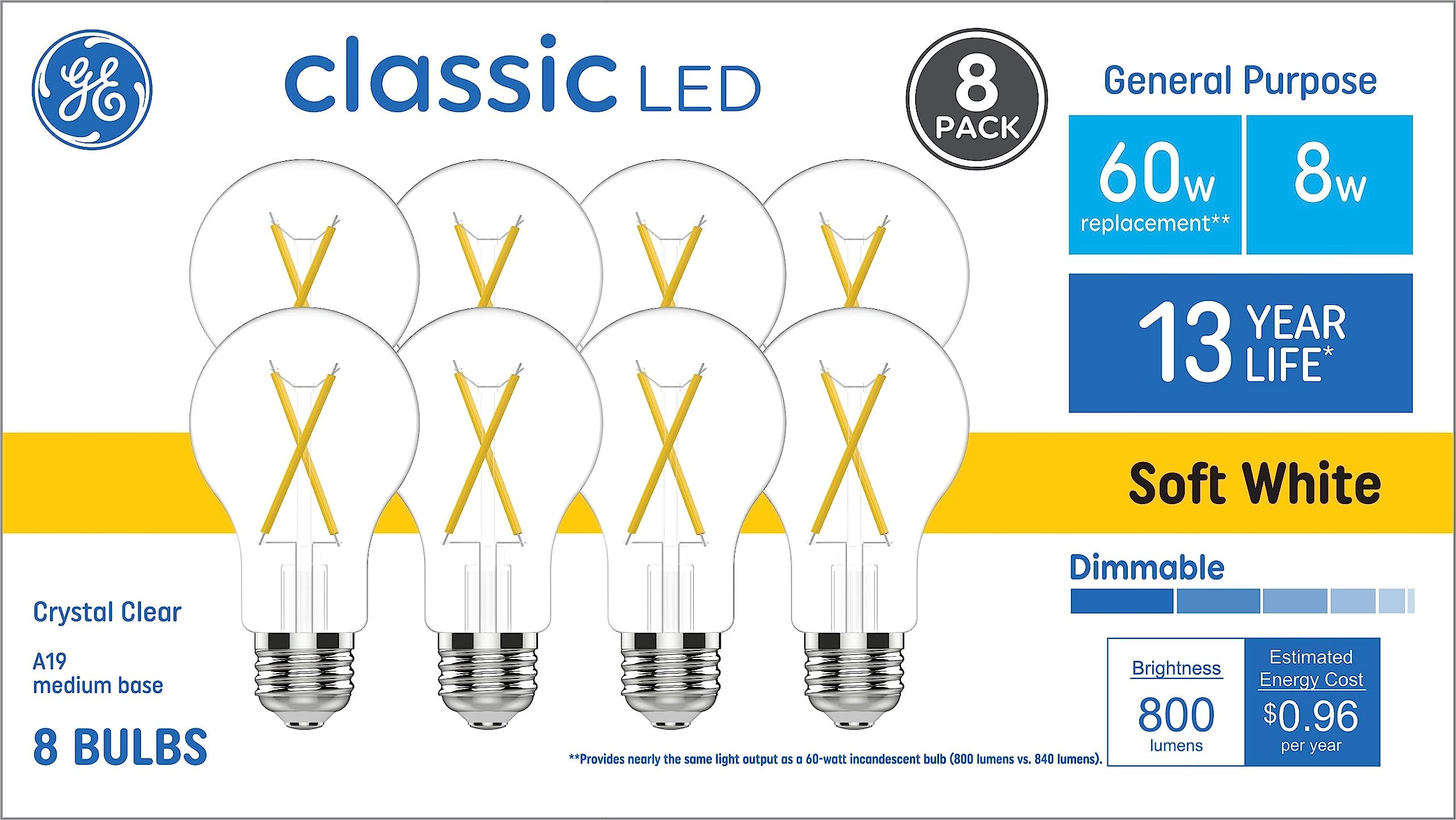 GE 60 Watt EQ A19 Classic Crystal Clear Soft White Medium Base (e-26) Dimmable LED Light Bulb 8-Pack