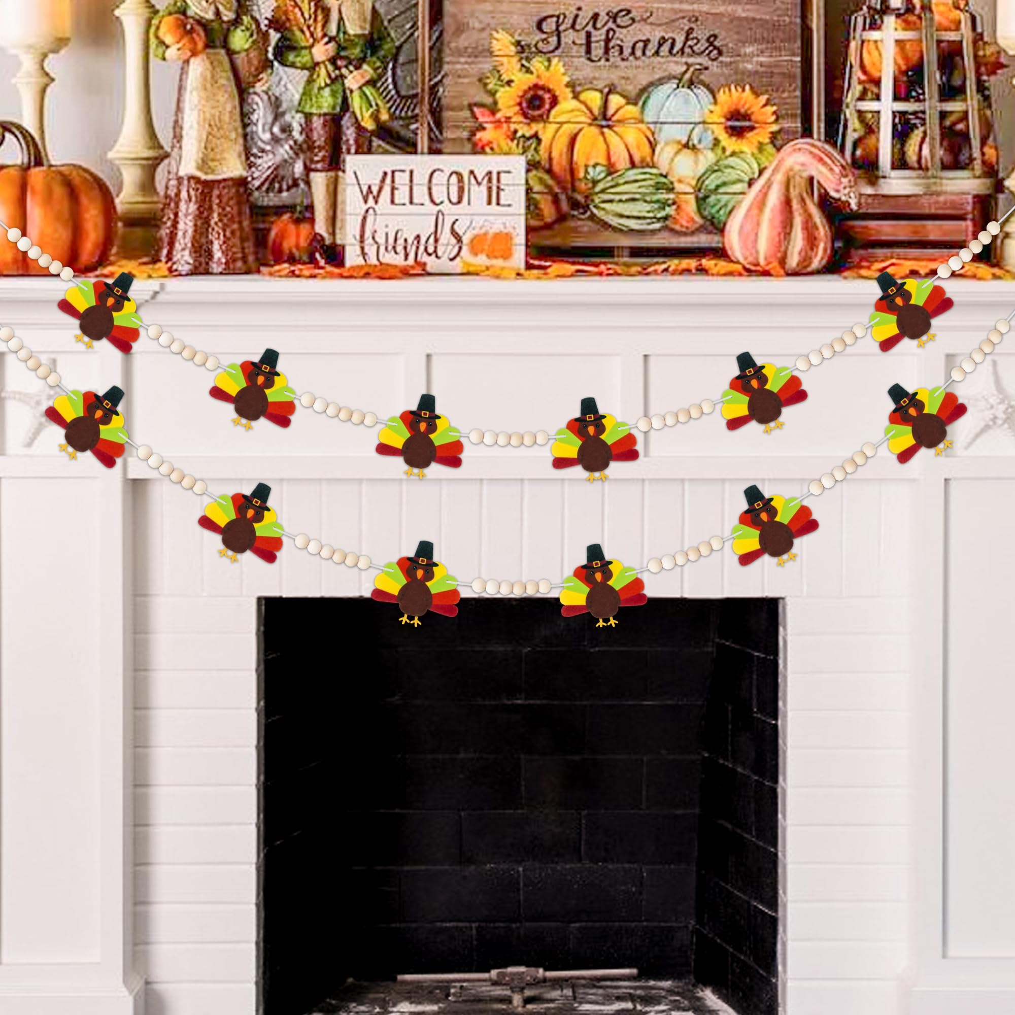 Thanksgiving Party Decorations - NO DIY - Thanksgiving Felt Turkey Wood Beads Garland Banner for Thanksgiving Indoor Outdoor, Rustic Farmhouse Thanksgiving Banner for Fireplace Mantle Wall Party