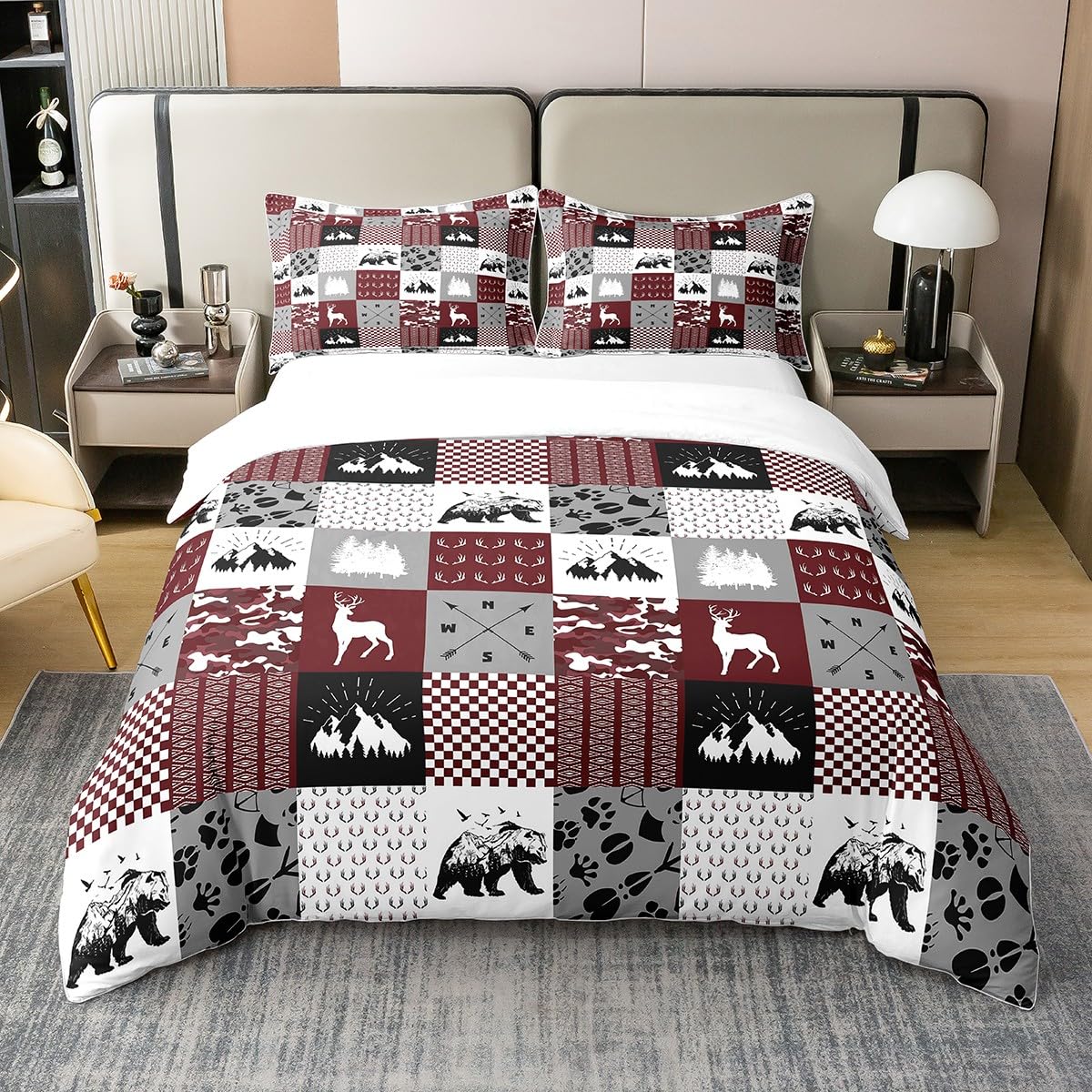 Rustic Patchwork 100% Cotton Duvet Cover Queen Size, Bear Moose Deer Comforter Cover, Retro Camouflage Bedding Set, Farmhouse Hunting Theme Soft Breathable Bedspread Cover with Zipper & Corner Ties