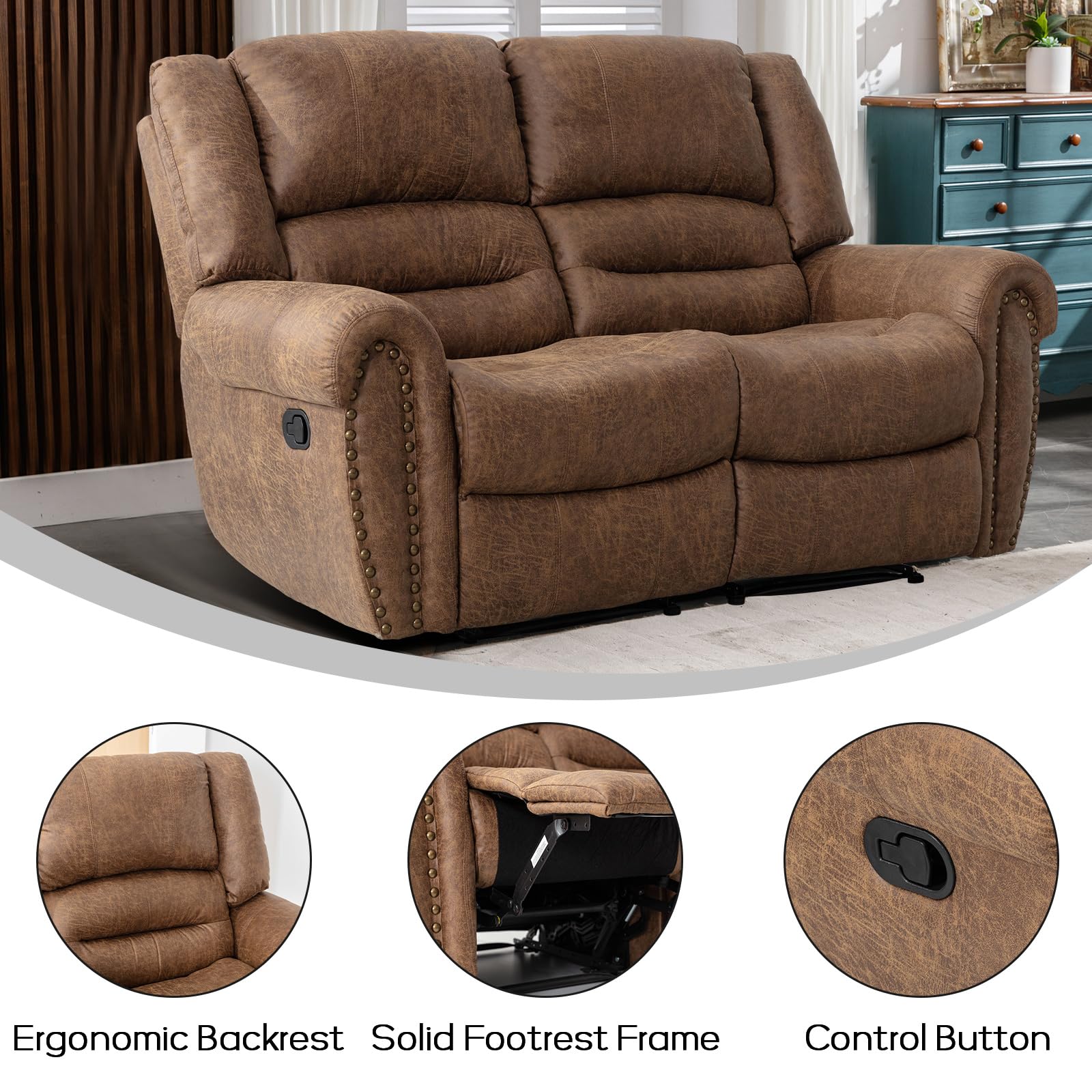 EBELLO Faux Leather Manual Loveseat Recliner, 2 Seat Reclining Sofa Chair with Soft Padded Seat Backrest, Couch Sofa Set for Living Room, Bedroom Furniture, Meeting Room, Brown (Loveseat)