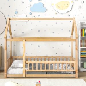 LLS Twin Size House Bed for Children Solid Wood Floor Bed Frame with Fence Guardrails and Roof Montessori Bed Playhouse Bed for Children Girls and Boys, Natural(No Bed Slats)