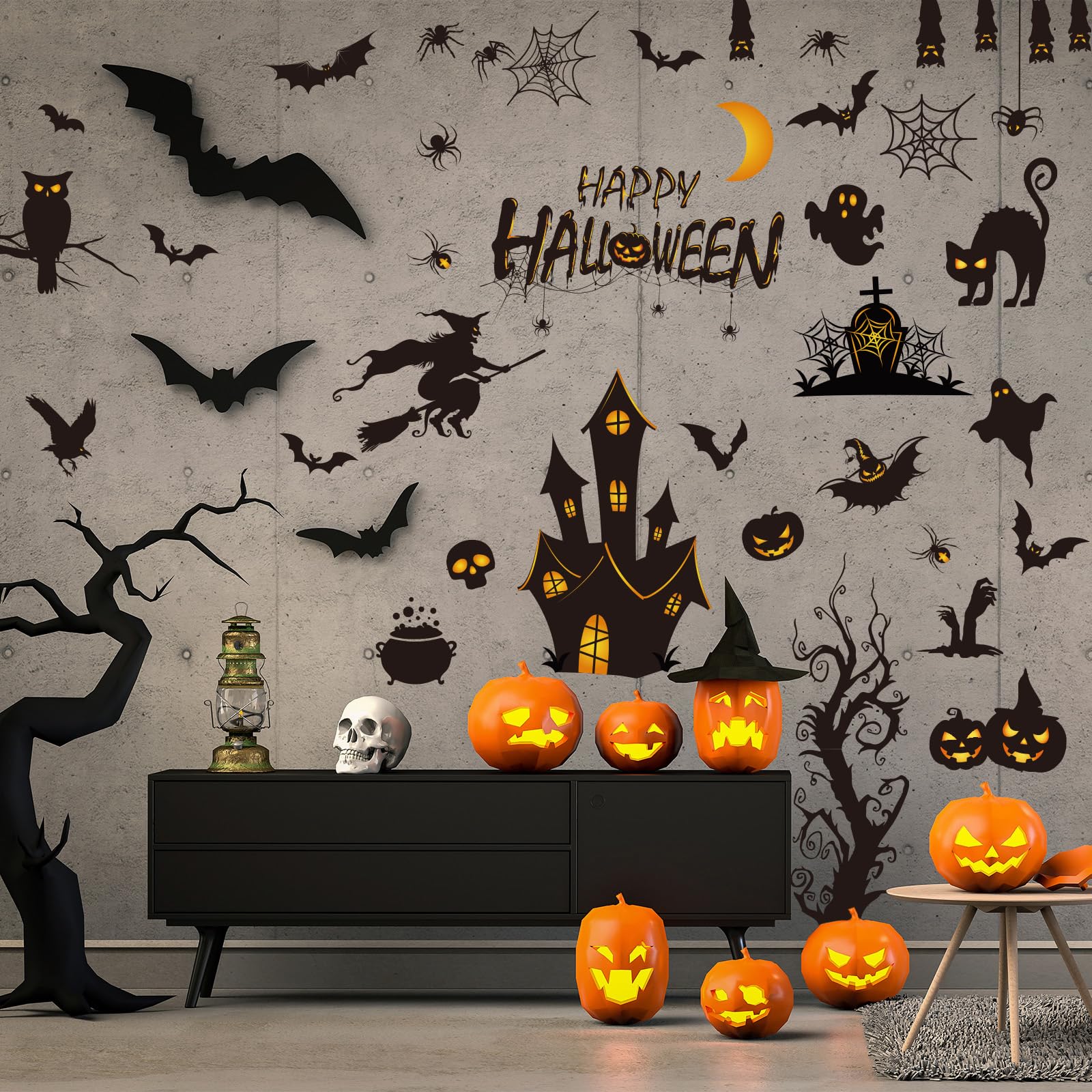 AnyDesign Halloween Wall Decals Bats Ancient Castle Wall Stickers Halloween Removable DIY Wall Art Stickers for Halloween Home Classroom Birthday Party Decoration, 11.8 x 13.8 Inch, 6 Sheets