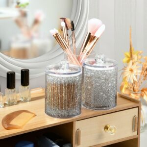 Silver White Glitter Qtip Holder Dispenser Flash Gradient Sparkle Bathroom Canister Storage Organization 2 Pack Clear Plastic Apothecary Jars with Lids Vanity Makeup Organizer For Cotton Swab Ball F