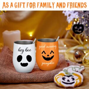 Suttmin 2 Sets Halloween Insulated Wine Tumbler Good Morning Pumpkin Cute Holiday Drink Cup Stainless Steel Insulated Tumbler with Lid, Straw and Brush for Hot and Cold Drinks Birthday Gift, 12 oz