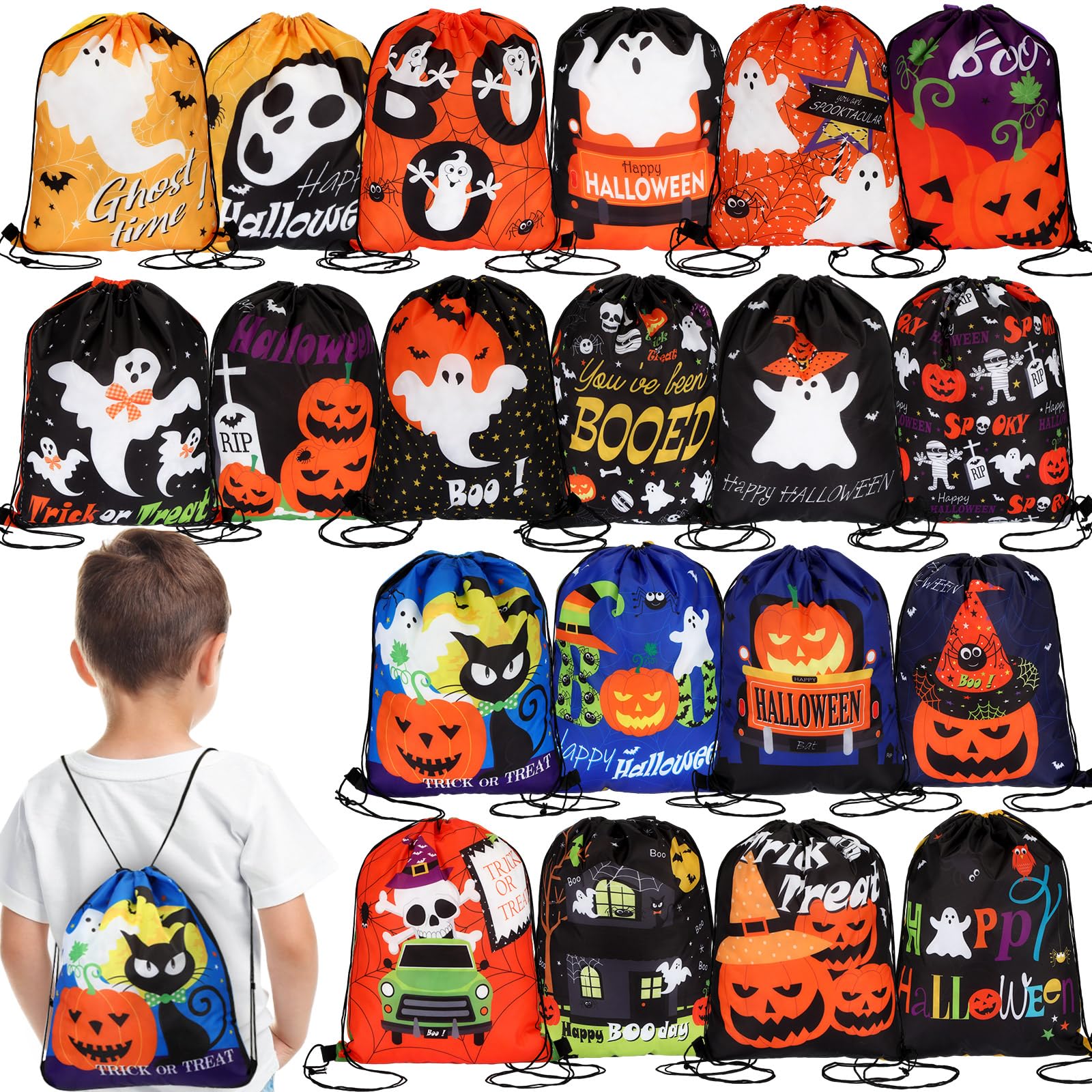 Hosuly 100 Pcs Large Halloween Drawstring Backpack Goody Bags 16.5 x 13.4 Inch Huge Trick or Treat Polyester Sack Gift Backpack Candy Bags Halloween Drawstring Bags Bulk for Party Gift Wrap Bags