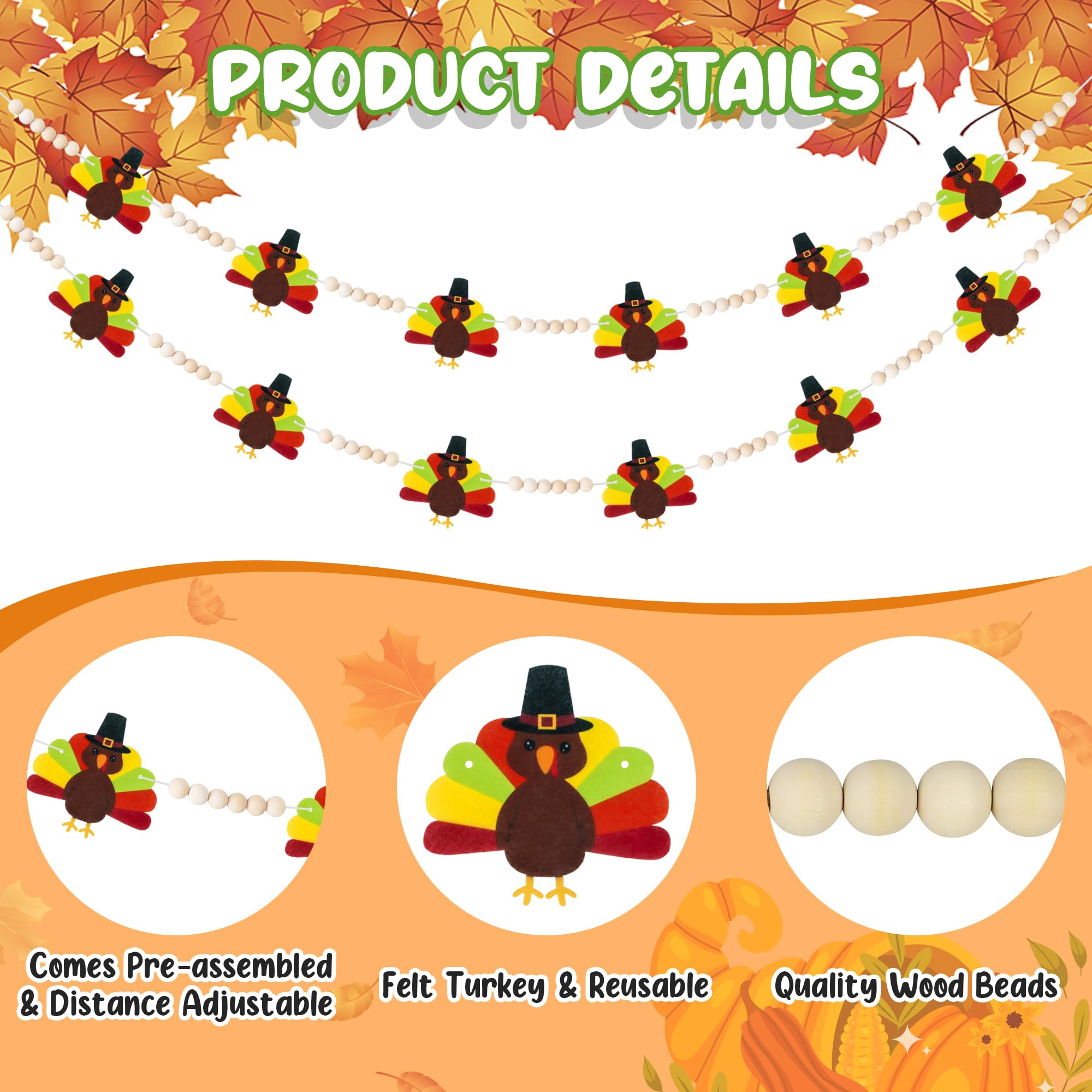 Thanksgiving Party Decorations - NO DIY - Thanksgiving Felt Turkey Wood Beads Garland Banner for Thanksgiving Indoor Outdoor, Rustic Farmhouse Thanksgiving Banner for Fireplace Mantle Wall Party