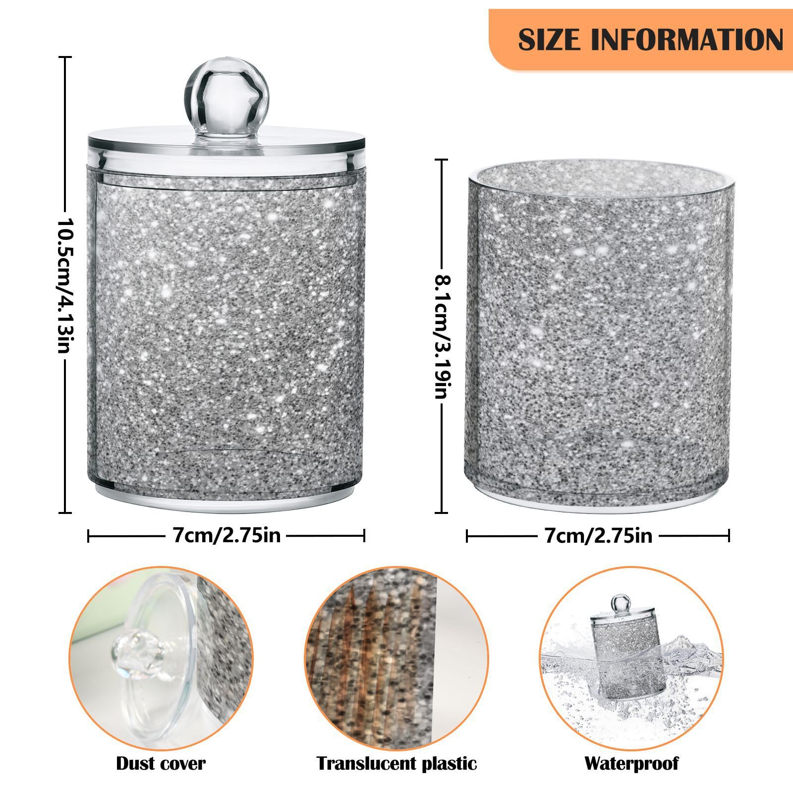 Silver White Glitter Qtip Holder Dispenser Flash Gradient Sparkle Bathroom Canister Storage Organization 2 Pack Clear Plastic Apothecary Jars with Lids Vanity Makeup Organizer For Cotton Swab Ball F