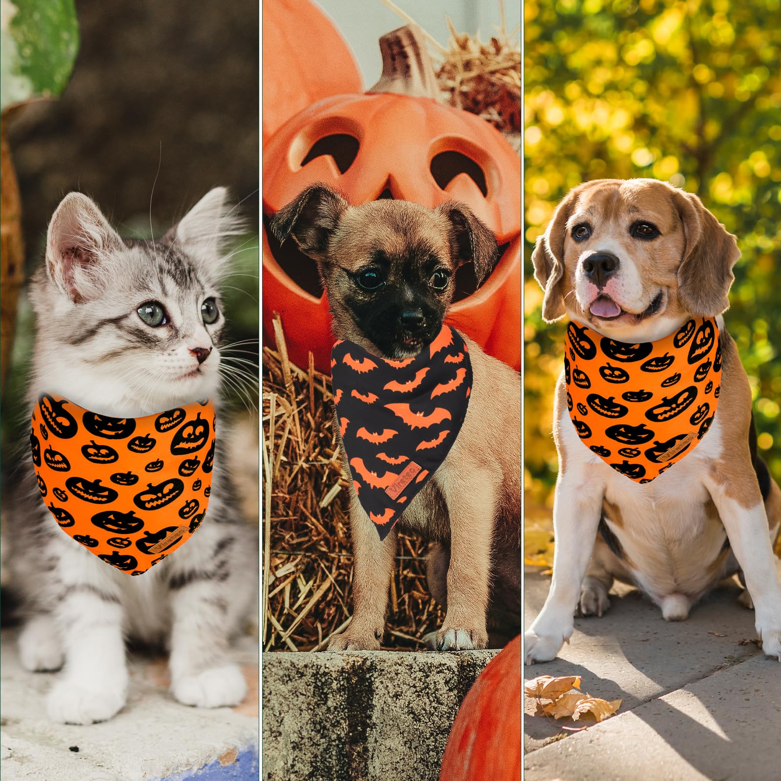 Viretec Halloween Dog Bandanas, Reversible Triangle Bibs Pumpkin and Bat Pet Scarf, Thanksgiving Fall Dog Scarf for Boy and Girl, Halloween Costumes Accessories Gift for Dogs Cats (Pack of 2)