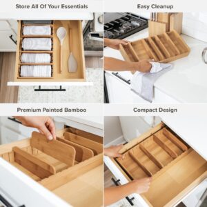 KitchenEdge Bamboo Kitchen Towel and Food-Storage Organizer, Perfect for Kitchen Drawers, Cabinets, Pantry, 5 Adjustable Wall Inserts, Organize & Store Plastic Food Containers