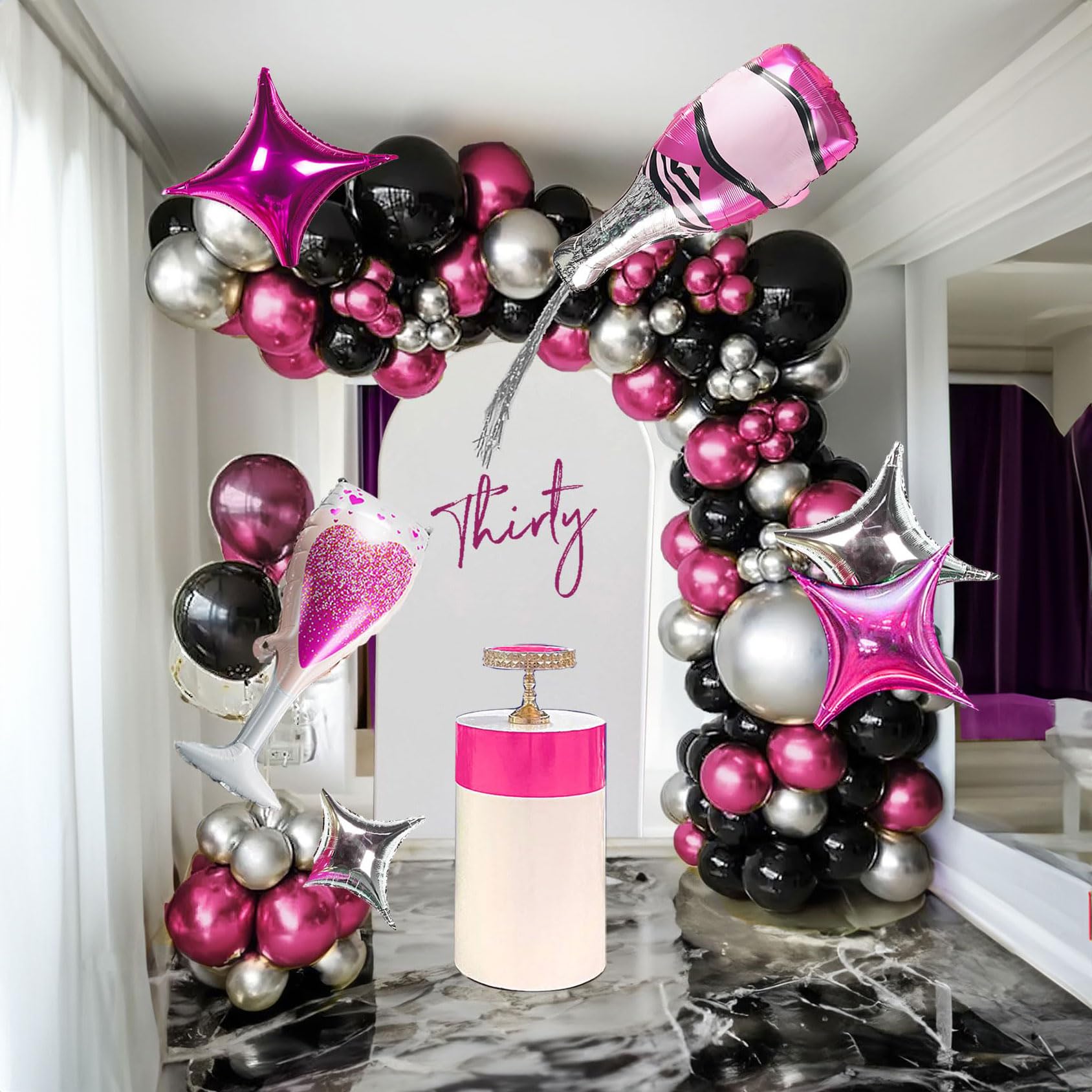 Chrome Hot Pink Black silver Balloon garland kit 126Ppcs with champagne glass and large star balloons for women 21/30th Birthday Mother's Day anniversary 2024 graduations Prom Party Decorations