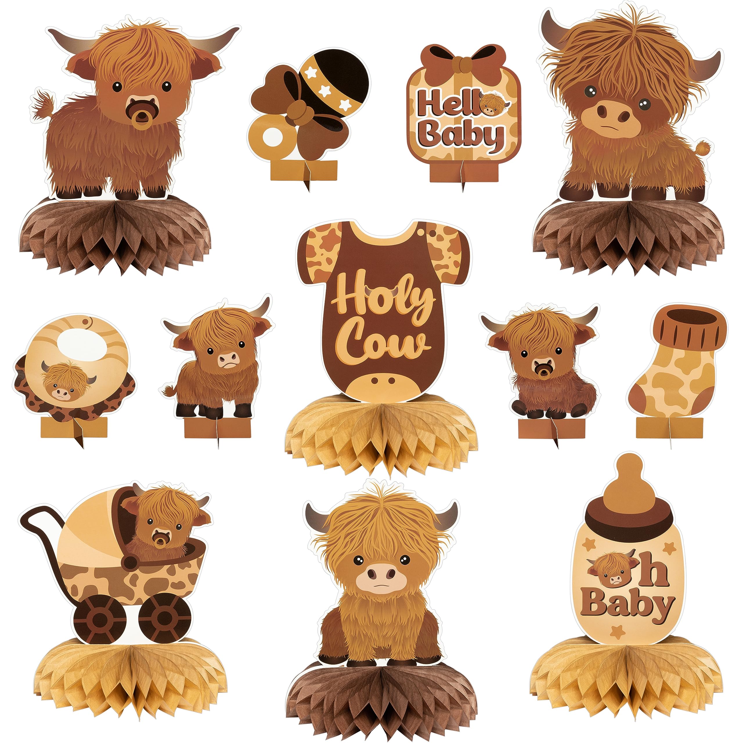 12Pcs Highland Cow Honeycomb Centerpieces Brown Highland Cattle Baby Shower Party Table Decorations Holy Cow Gender Reveal Cutouts Welcome Baby Party Table Toppers Photo Props Decor for Baby