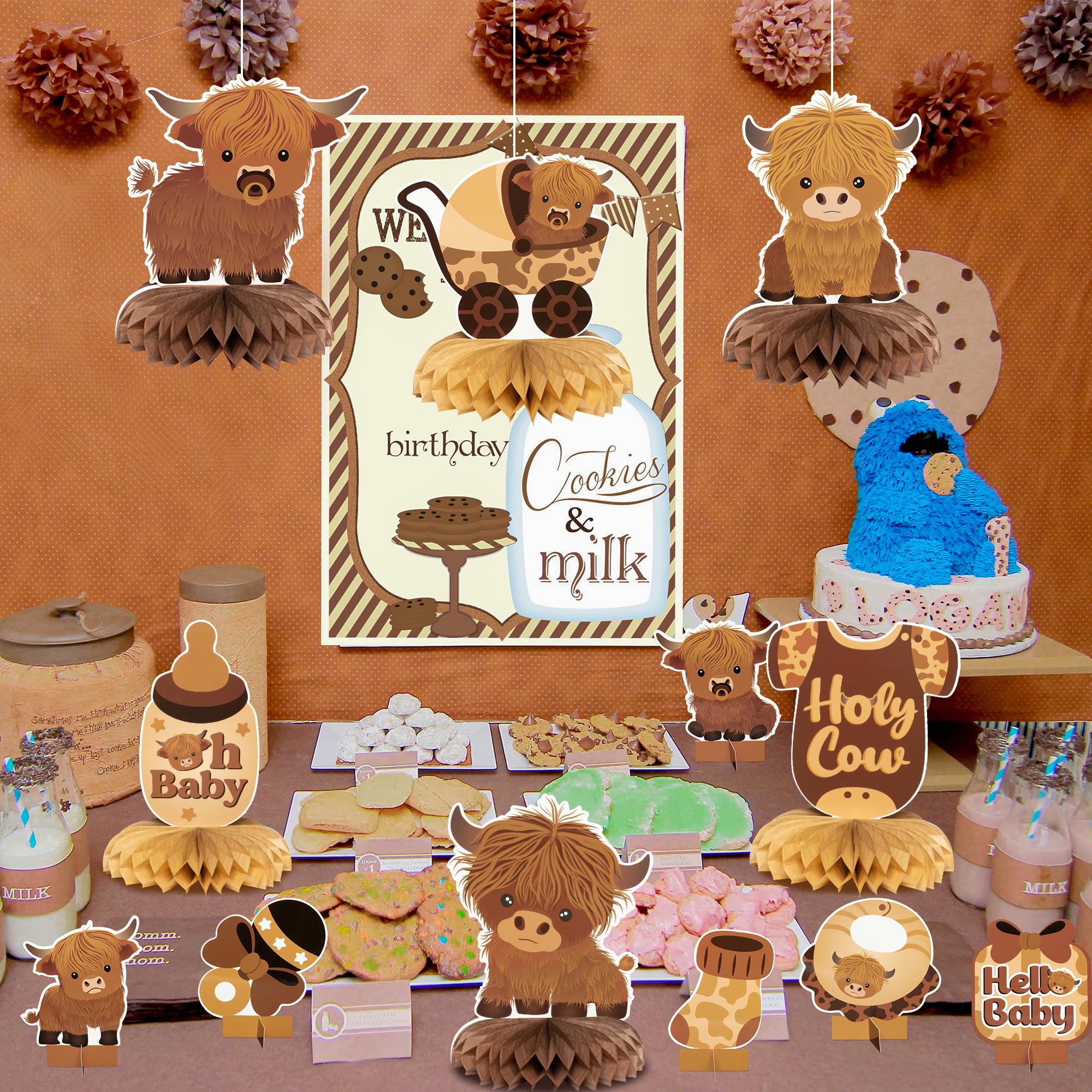 12Pcs Highland Cow Honeycomb Centerpieces Brown Highland Cattle Baby Shower Party Table Decorations Holy Cow Gender Reveal Cutouts Welcome Baby Party Table Toppers Photo Props Decor for Baby