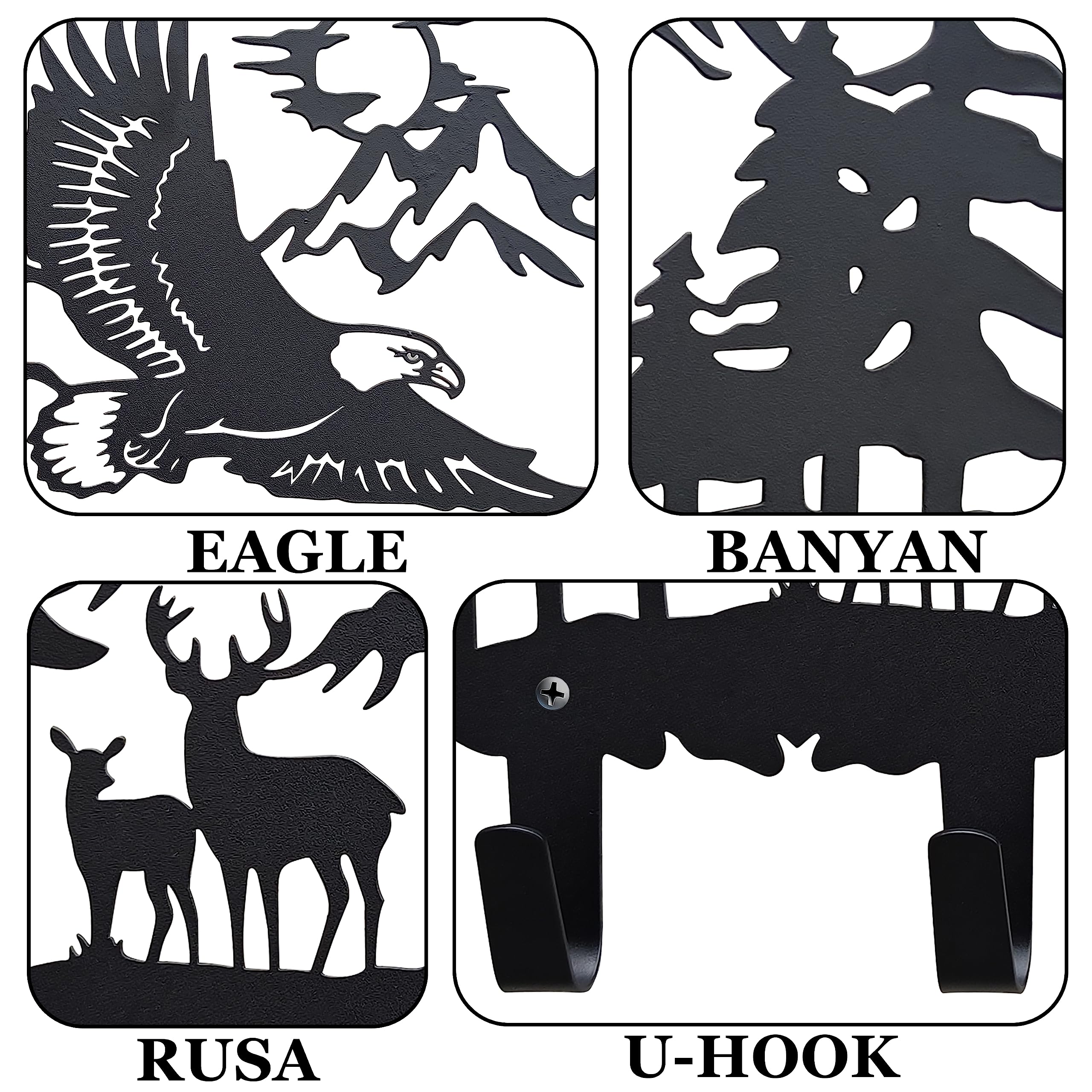 Qobumy Metal Eagle Coat Hooks Wall Mounted with 5 Hooks-Hangers and Key Holder-Clothes Hat Rack and Backpack-Heavy Duty Wall Hooks for Hanging-Animal Theme Hooks Sweet Home Wall Art Decor(Black)