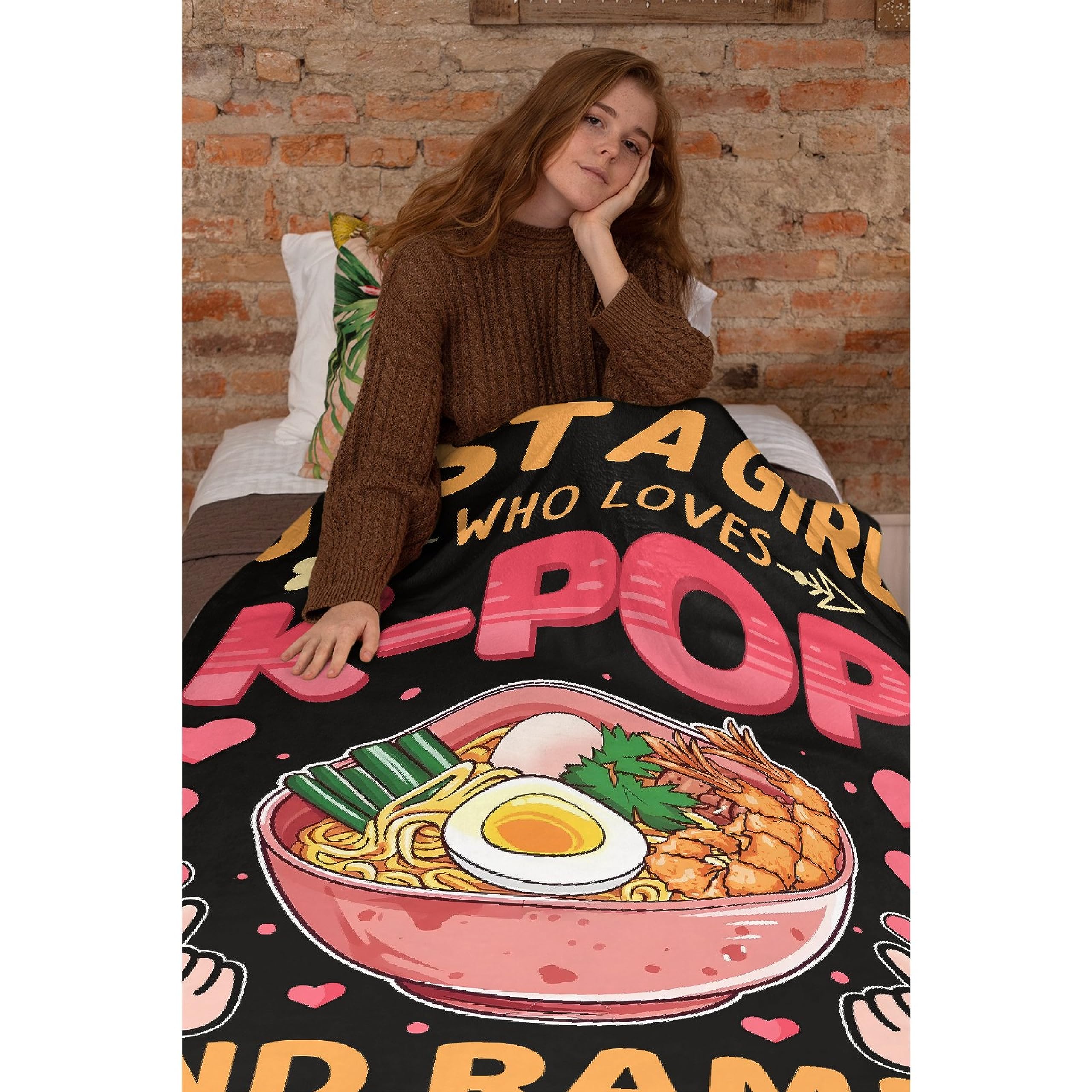 Just Girl Who Loves K-pop and Ramen Blanket Super Soft Lightweight Throw Comfy Fluffy Quilt for Bed Sofa All Seasons Warm 50"x40" Small for Kids