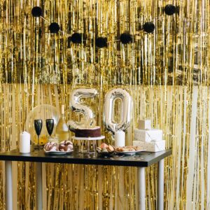 QRabbit 4 Pack Gold Party Streamers, Shiny Foil Fringe Curtain Backdrop for Birthday Wedding Bachelorette Baby Shower Bridal Shower Christmas Party Decorations (3.3 x 6.6 ft)