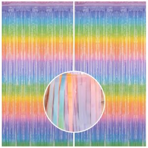 2 pack 3.3 x 8.2 ft tinsel foil fringe curtain backdrop, [upgraded] rainbow metallic streamers backdrop curtains for birthday decorations girls princess bachelorette unicorn party decorations