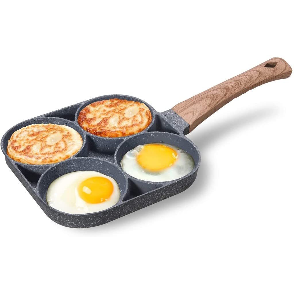 Fry Pan For Egg, Non Stick Ham Pancake Maker, Egg Burger Pan With Wooden Handle, 4 Holes, For Induction Cooker Gas Stove