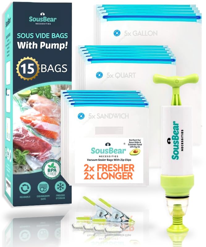 Sous Vide Bags with Pump, 20 Pack pt, qt, gal Reusable Vacuum Seal Bags, Freezer Safe, Commercial Grade, BPA-Free, 2 Clips Great for Sous Vide Cooking and Vac Storage