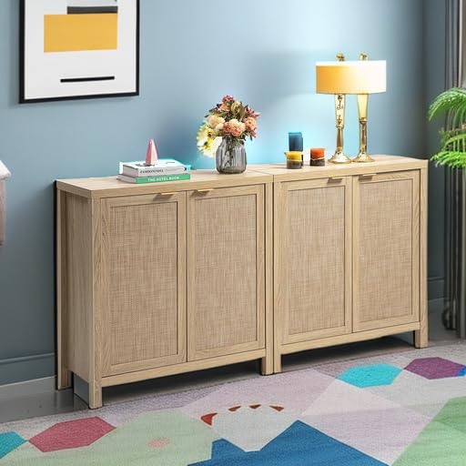 SICOTAS Credenza Sideboard Buffet Rattan Cabinet - Boho Large Kitchen Storage Cabinet with Rattan Storage - Wood Cabinet Buffet Console Table for Dining Room Hallway - 2 Pieces (Natural)