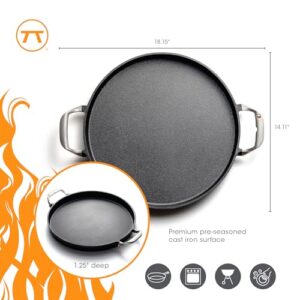 Outset Grill Paella and Deep Dish Pizza Pan, Cast Iron BBQ Pan with Handles, 18.15” x 14.11” x 1.25"