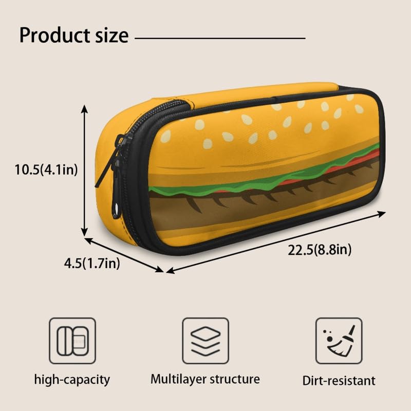 Rivatimrio Yummy Hamburger Burger Pencil Case for Girls Large Capacity Yellow Vivid Hamburger Pen Bags with Zipper Storage Organizer Bags Box Women for Office College