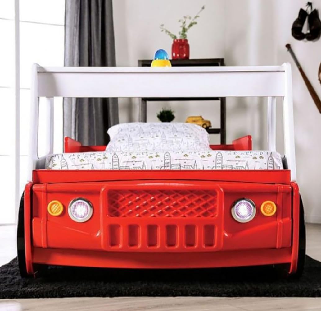 Simple Relax Wooden Twin Bed with Race Car Design in Red