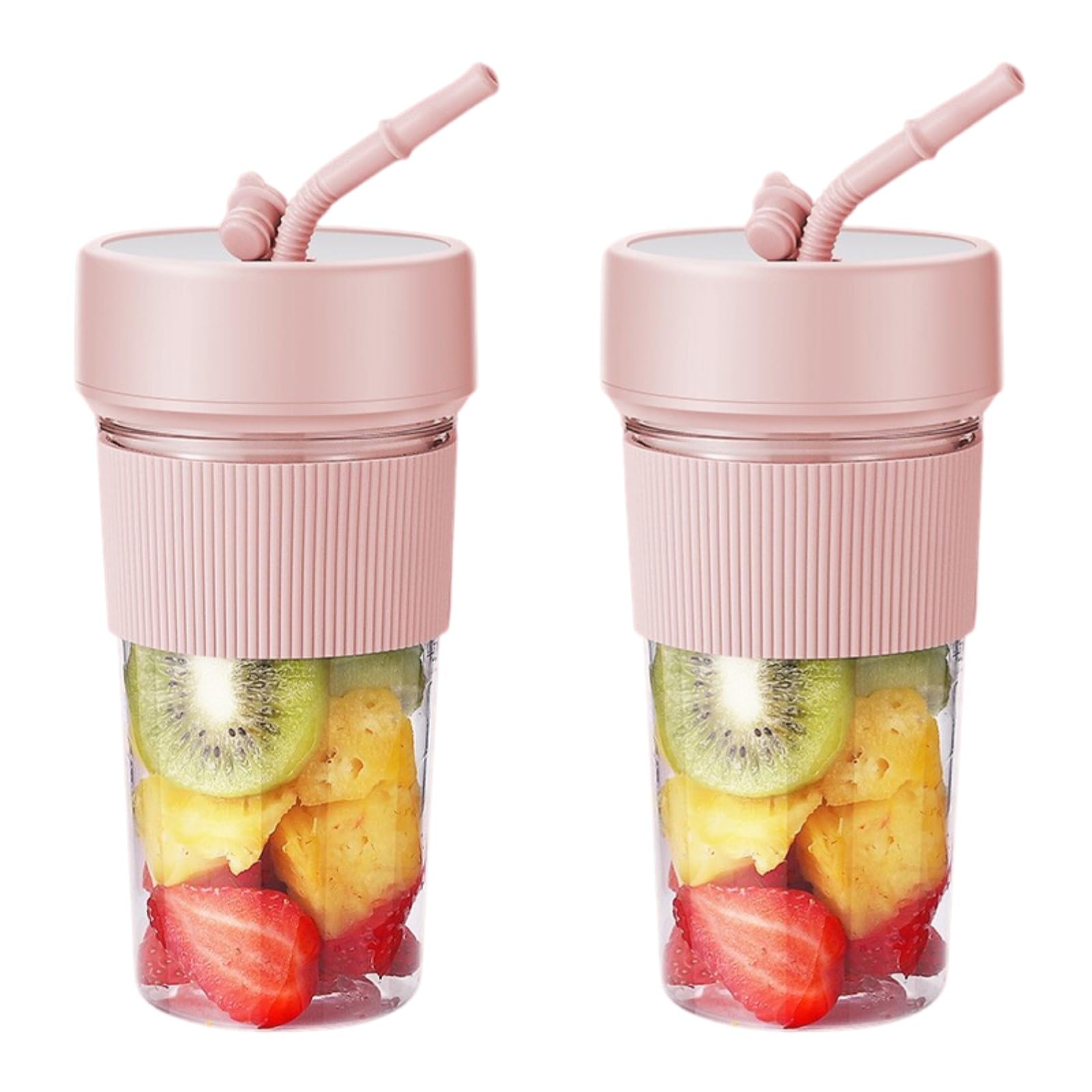 Portable Blender Cup – 30s Ice Crushing Power USB Juicer Blender – 350ml (11.83oz) Mini Personal Blender with Straw for Shakes Smoothies Travel On the Go (Set of 2 Blenders (both Pink))