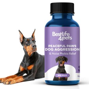 peaceful paws dog aggression & noise phobia relief - anxiety relief for dogs, dog calming remedy for biting, barking, chasing, attacking, and other dog behavior issues - 400 non-drowsy, small pills