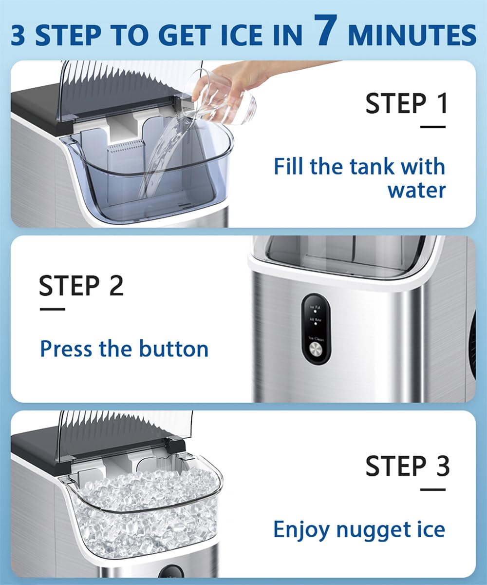 Joy Pebble Nugget Ice Maker Countertop, 10,000pcs/33lbs/Day, Portable Nugget Ice Maker Machine with Handle, Self-Cleaning, Handheld Ice Maker, Stainless Steel