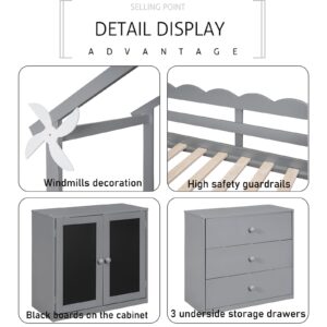 CITYLIGHT Twin Size House Loft Bed with Storage Cabinet and 3 Drawers, Wood Loft Bed Twin with Roof, Blackboards and Guardrail, Kids Playhouse Bed Twin for Teens, Boys, Girls, Grey