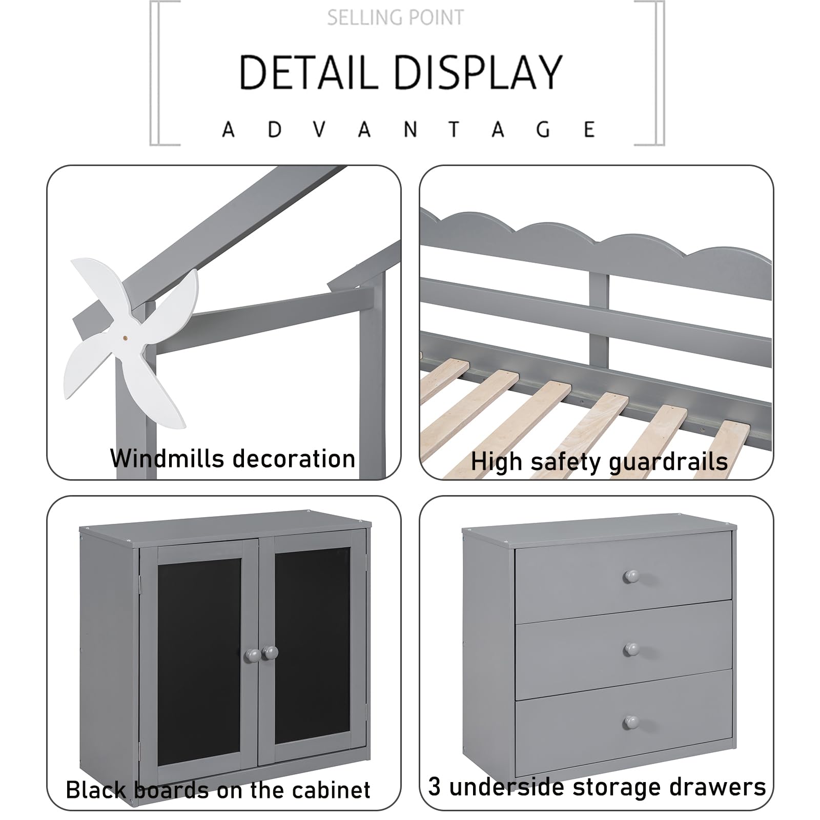 CITYLIGHT Twin Size House Loft Bed with Storage Cabinet and 3 Drawers, Wood Loft Bed Twin with Roof, Blackboards and Guardrail, Kids Playhouse Bed Twin for Teens, Boys, Girls, Grey