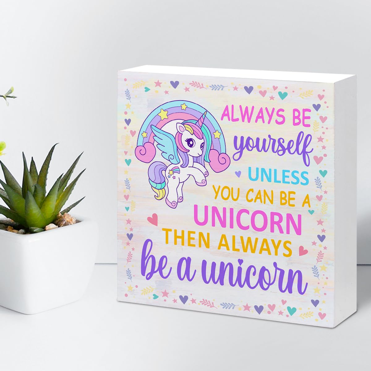 Always Be Yourself Unless You Can Be a Unicorn Inspirational Wood Block Sign Desk Decor,Cute Unicorn Wooden Box Plaque Sign Desk Decor for Nursery Girls Room Bedroom Playroom Decorations