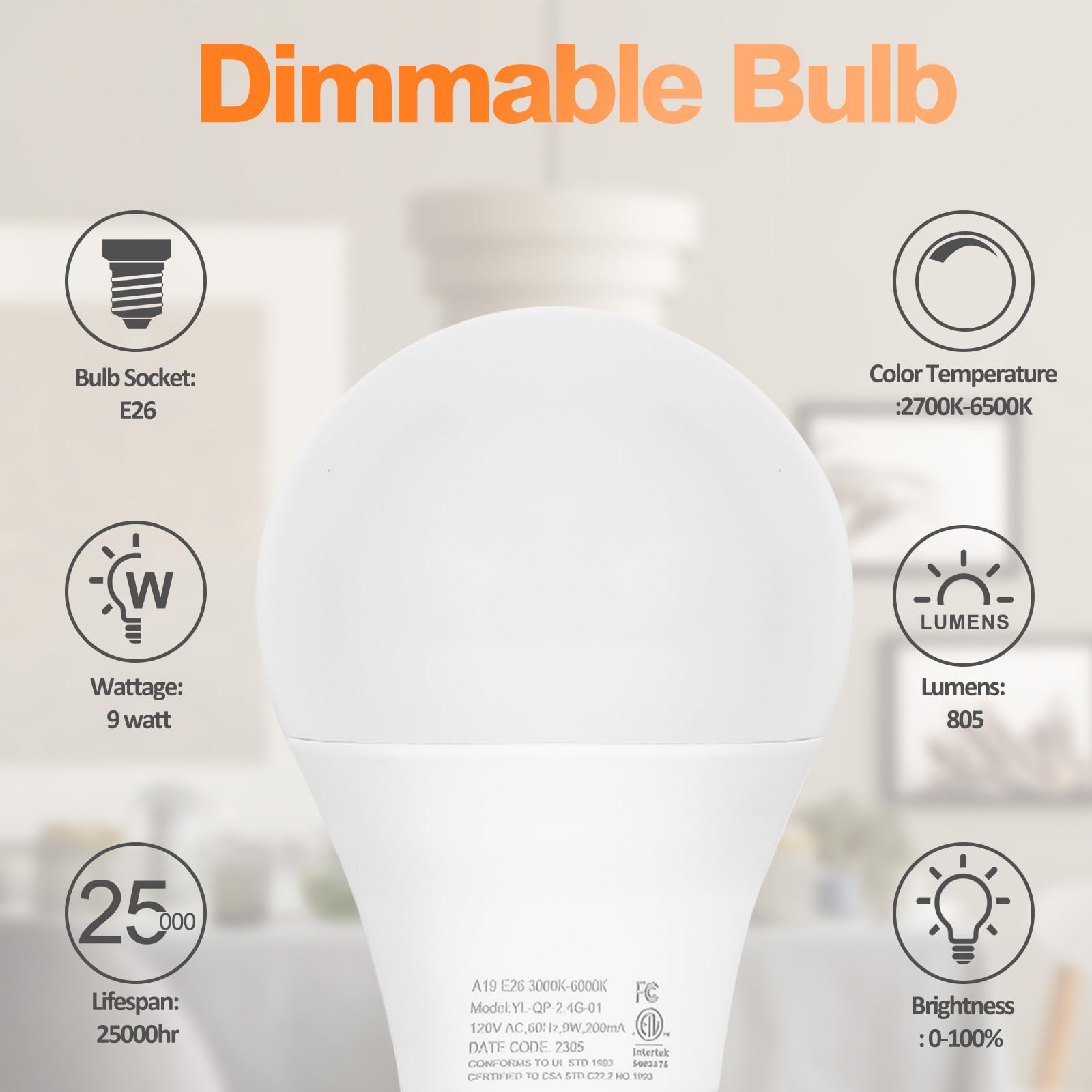 Brilvibera A19 LED Light Bulbs, E26 Dimmable Bulb with Remote Control, Warm White 2700k-6000K, 35000+ Hours Lifespan, Edison Dimmable LED Bulb for Floor Lamp, Desk Lamp, Pendant Light