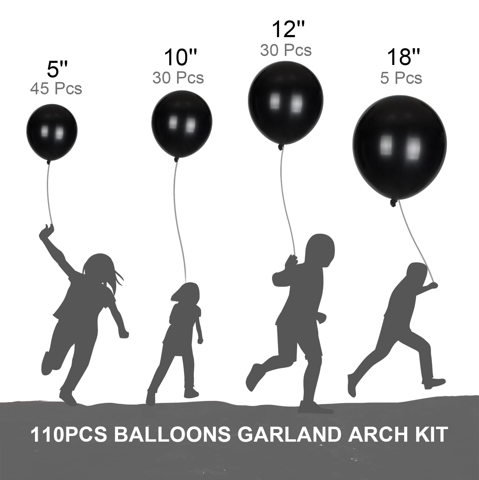 110pcs Black Balloon Garland Arch Kit, 18 12 10 5 Inch Different Sizes Pack Black Latex Party Balloons for Graduation Birthday Baby Shower Halloween Party Decorations