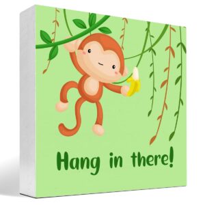 hang in there monkey hanging on tree wood block sign desk decor,cute baby monkey woodland animals wooden box plaque sign desk decor for nursery kids bedroom playroom classroom decorations